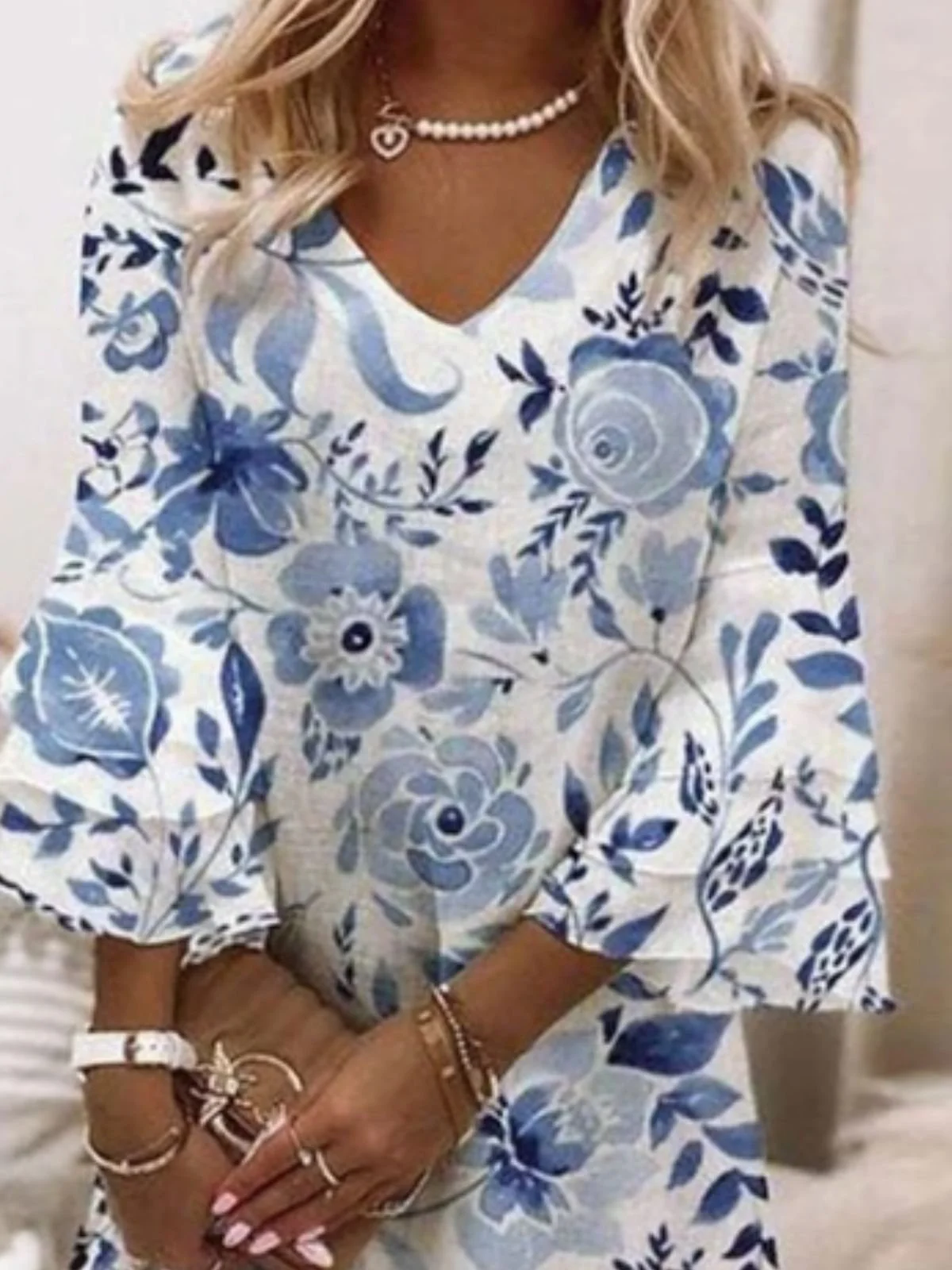 Femmes Floral Blanc Col V Confortable Robe Mi-Longue Boho