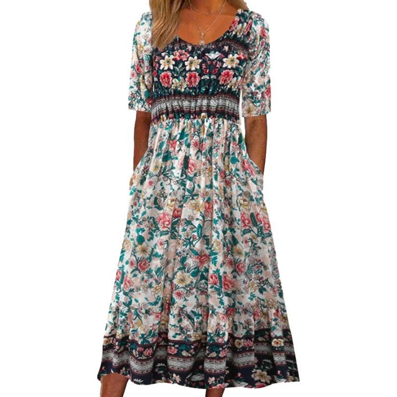 Femmes Floral Vert Clair Col Rond Confortable Robe Maxi Décontracté