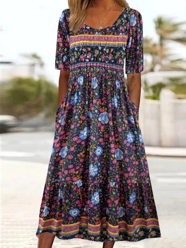 Femmes Floral Bleu Col Rond Confortable Robe Maxi Décontracté