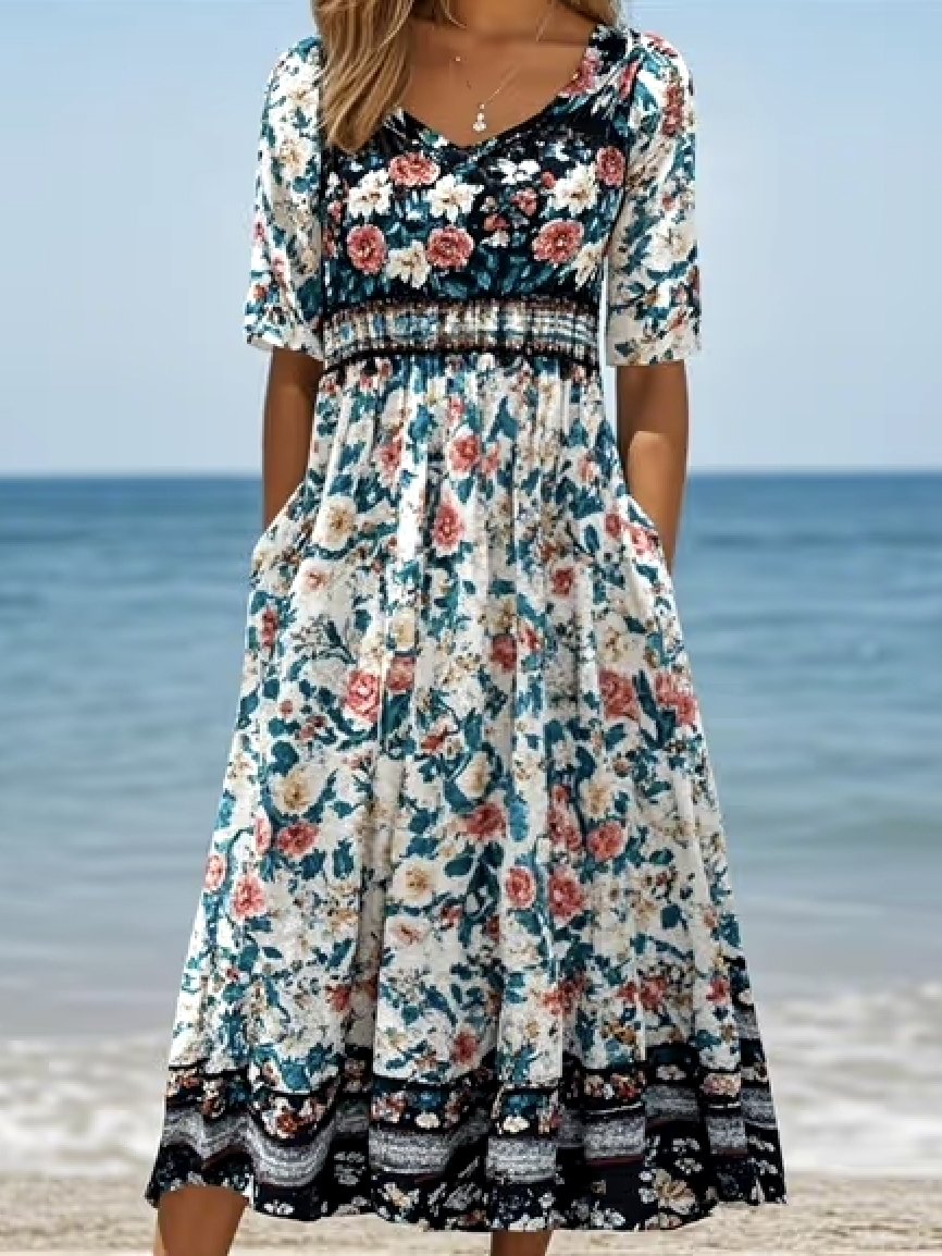 Femmes Floral Vert Clair Col Rond Confortable Robe Maxi Décontracté