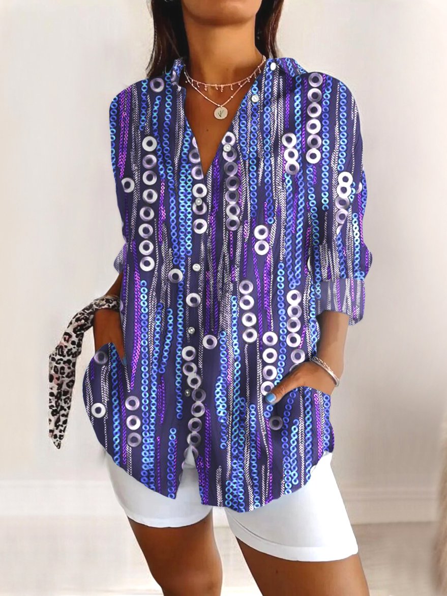 Chemises Bloc de Couleur Décontracté Printemps / Automne Polyester Micro-élasticité Manches Longues Régulier Trapèze Col de Chemise pour Femmes