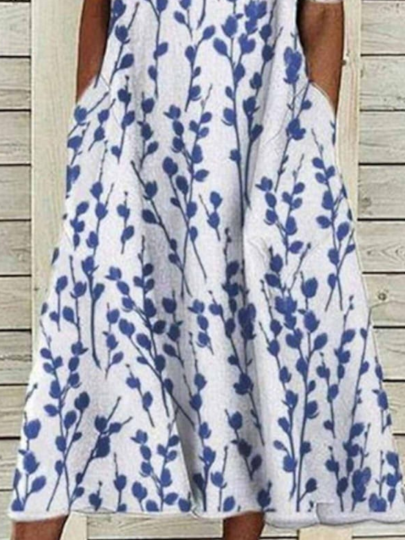 Femmes Floral Blanc Col Rond Confortable Imprimé Robe Maxi Décontracté