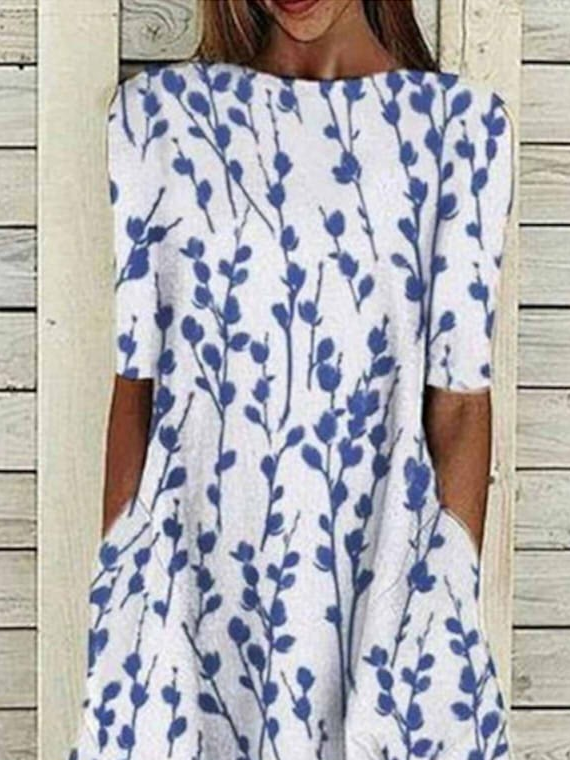 Femmes Floral Blanc Col Rond Confortable Imprimé Robe Maxi Décontracté