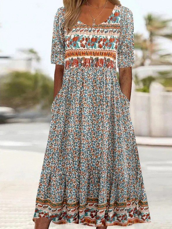 Femmes Floral Bleu Col Rond Confortable Robe Maxi Décontracté