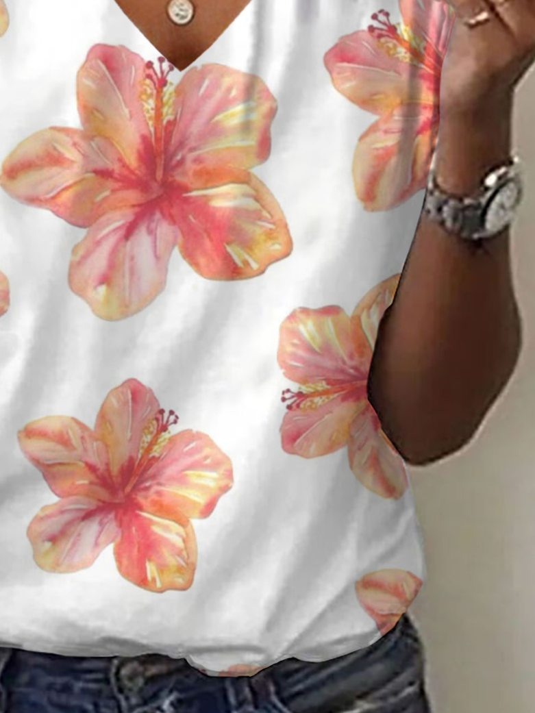 T-shirts Femmes Décontracté Floral Été Col V Aucune élasticité Jersey Régulier Régulier T.-N.-L.