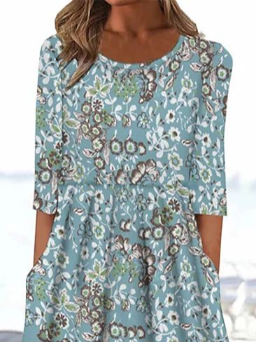 Femmes Floral Bleu Col Rond Confortable Imprimé Robe Maxi Décontracté
