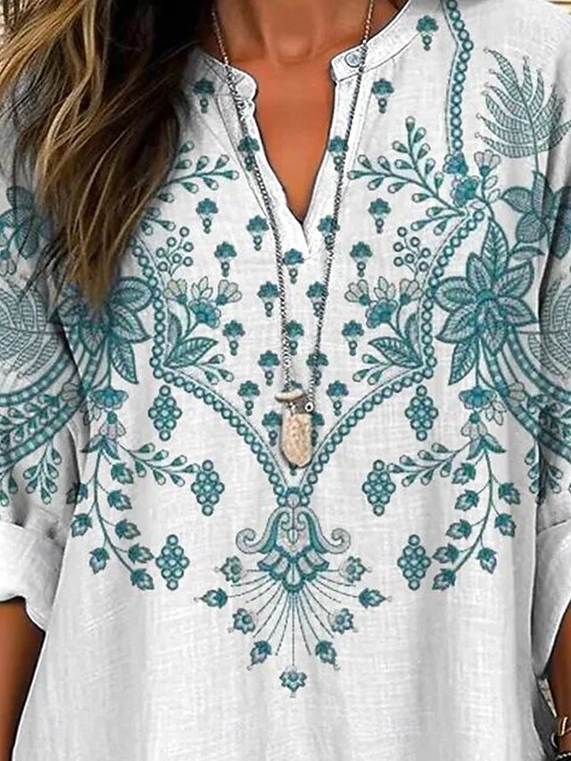 Blouses Simple Été Nationalité/ethnie Polyester Aucune élasticité Demi Manche Col Châle Droit Régulier pour Femmes