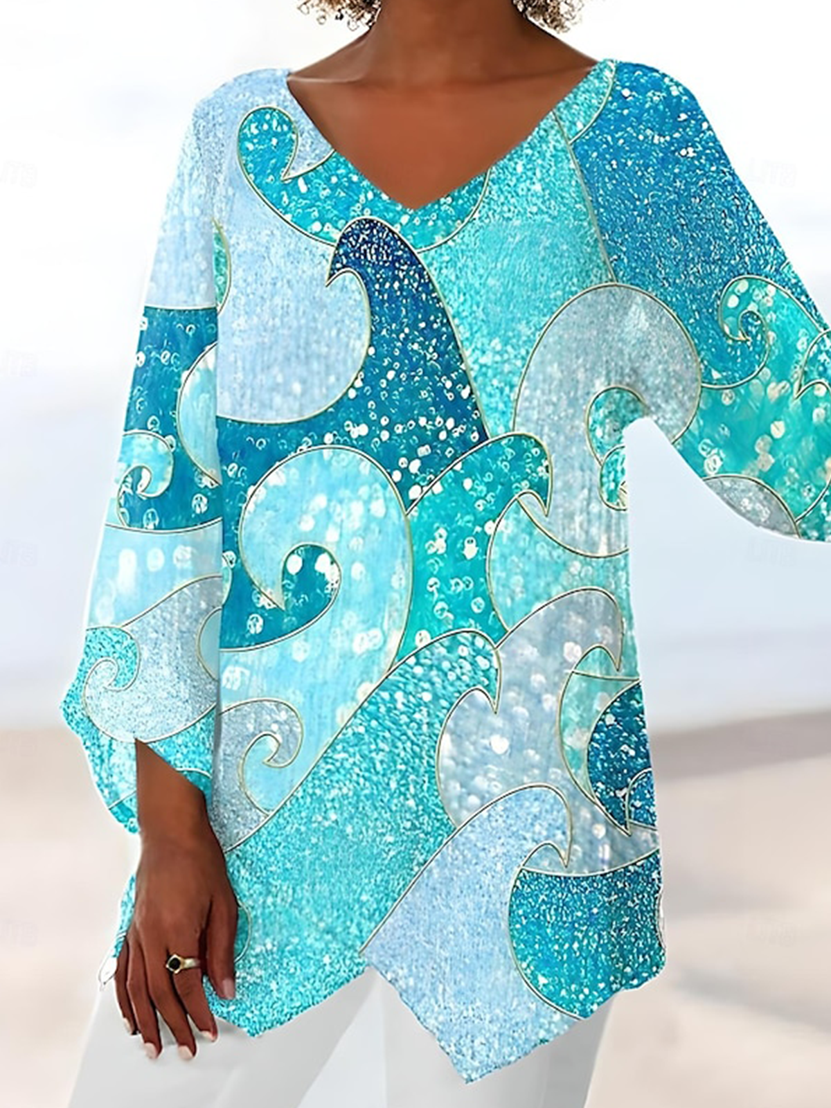 Blouses Femmes Simple Printemps / Automne Chevron Col V Quotidien Manches Longues Régulier Droit Régulier