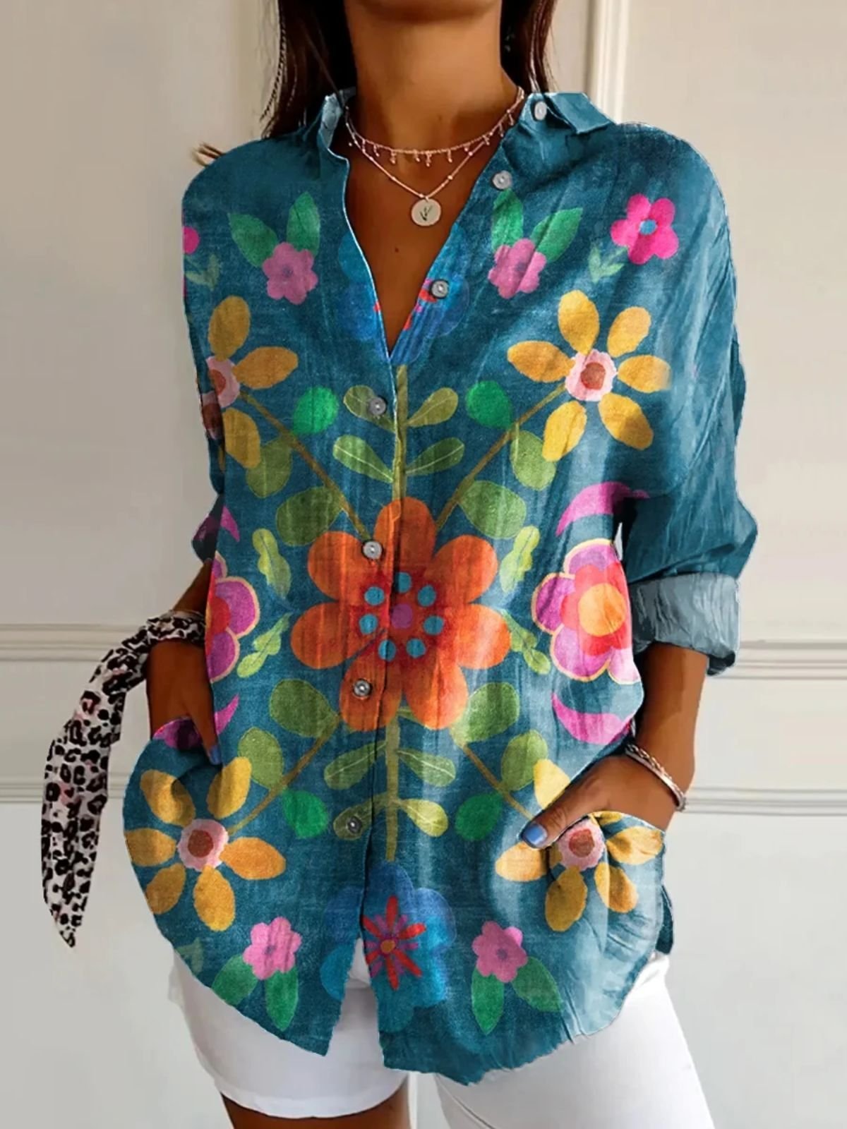 Chemises Femmes Décontracté Floral Printemps / Automne Quotidien Coupe Régulière Régulier Trapèze Régulier Col de Chemise