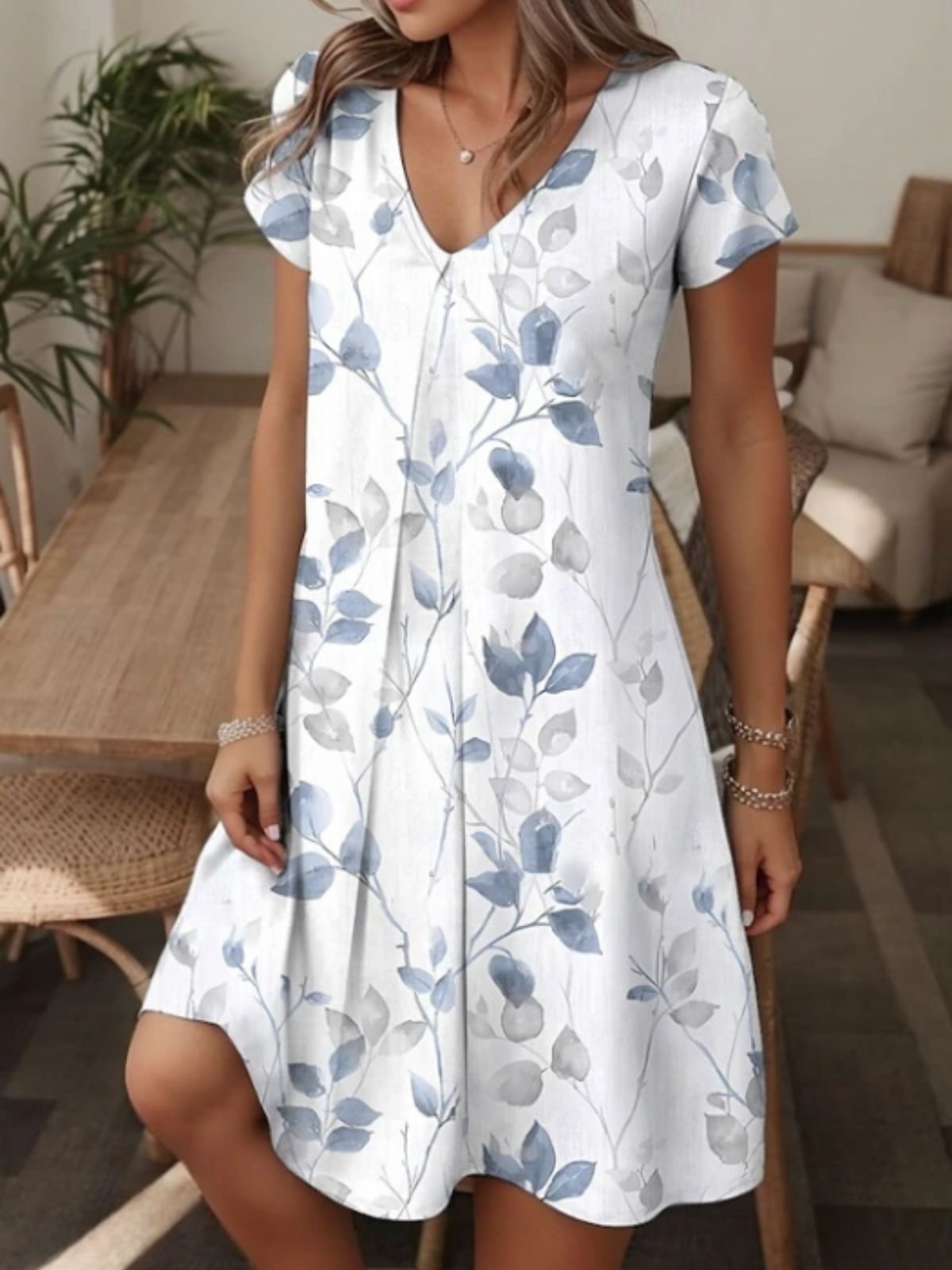 Femmes Floral Blanc Col V Confortable Robe Maxi Décontracté