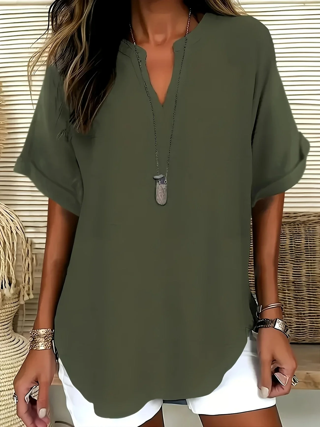 Blouses Femmes Élégant Plain Été Coton Aucune élasticité Demi Manche Col Châle Régulier Droit