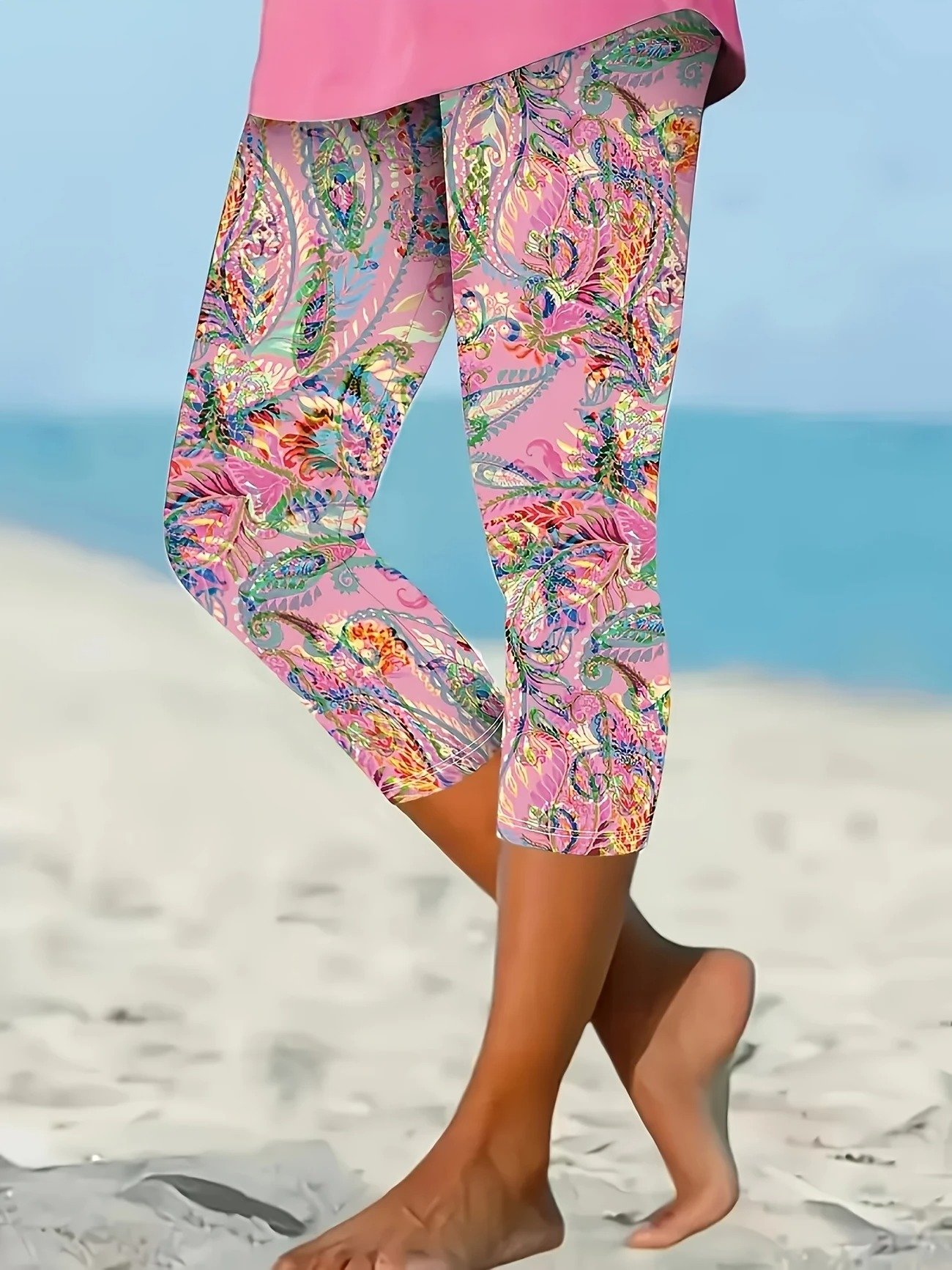 Pantalons De Yoga Décontracté Motif Cachemire Été Polyester Aucune élasticité Coupe Régulière Corsaire Droit Régulier pour Femmes