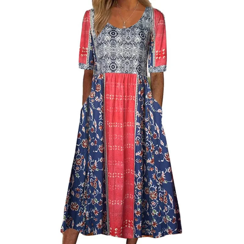 Femmes Floral Rouge Col Rond Confortable Robe Maxi Décontracté