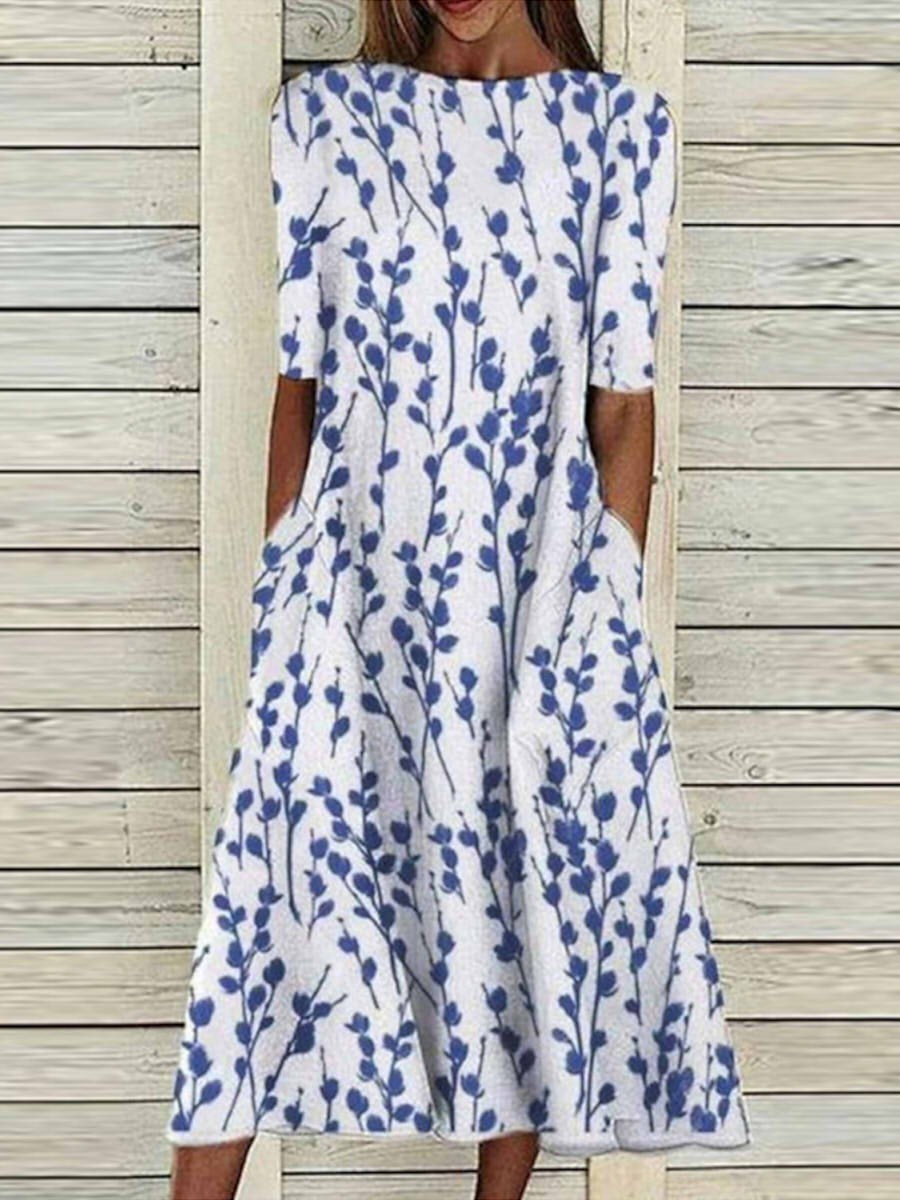 Femmes Floral Blanc Col Rond Confortable Imprimé Robe Maxi Décontracté