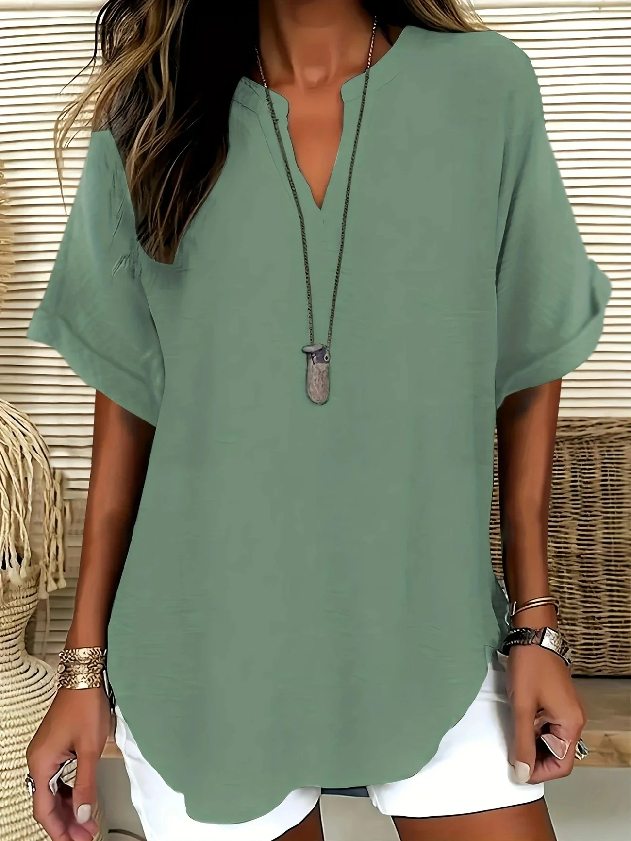Blouses Femmes Élégant Plain Été Coton Aucune élasticité Demi Manche Col Châle Régulier Droit