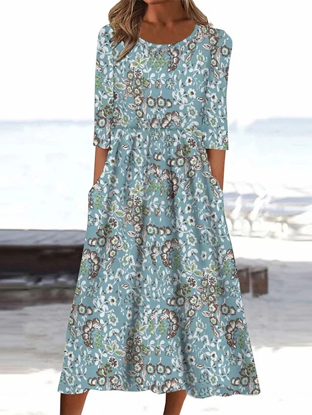 Femmes Floral Bleu Col Rond Confortable Imprimé Robe Maxi Décontracté