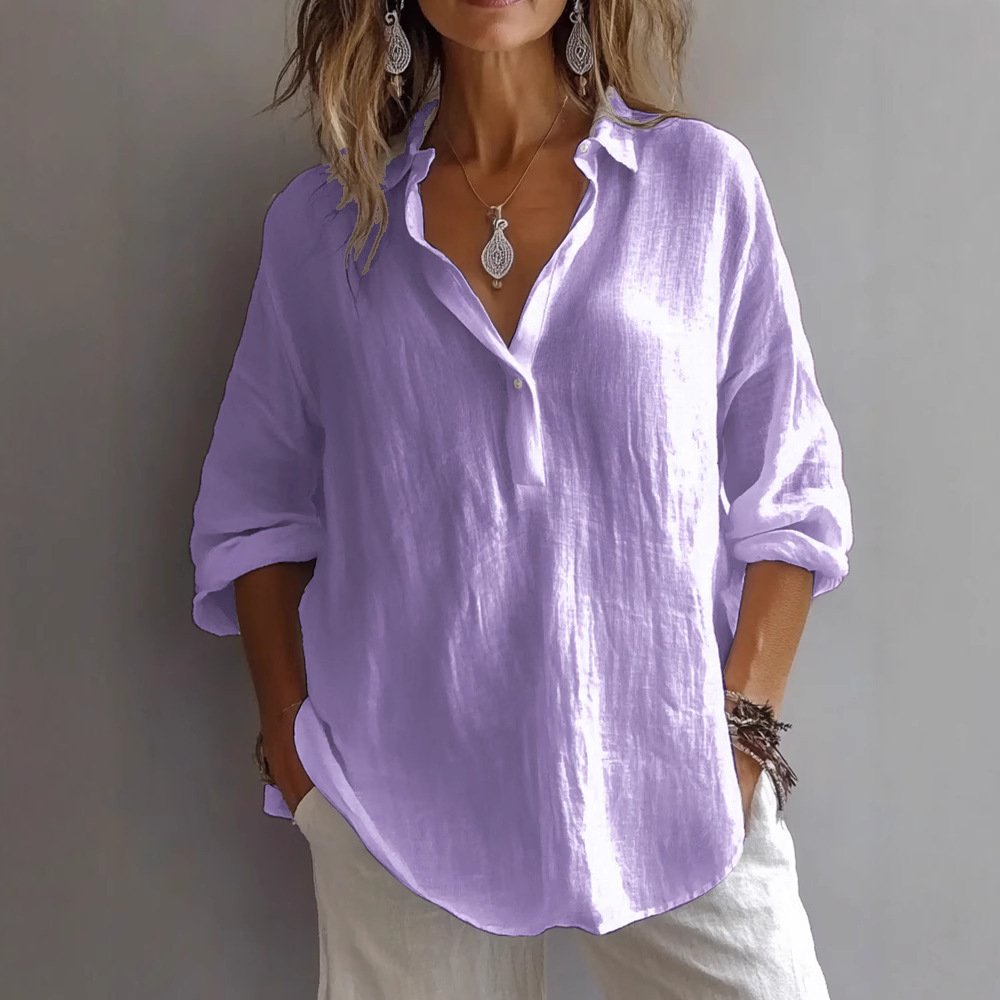 Chemises Décontracté Plain Printemps / Automne en Lin Micro-élasticité Régulier Trapèze Régulier Col de Chemise pour Femmes