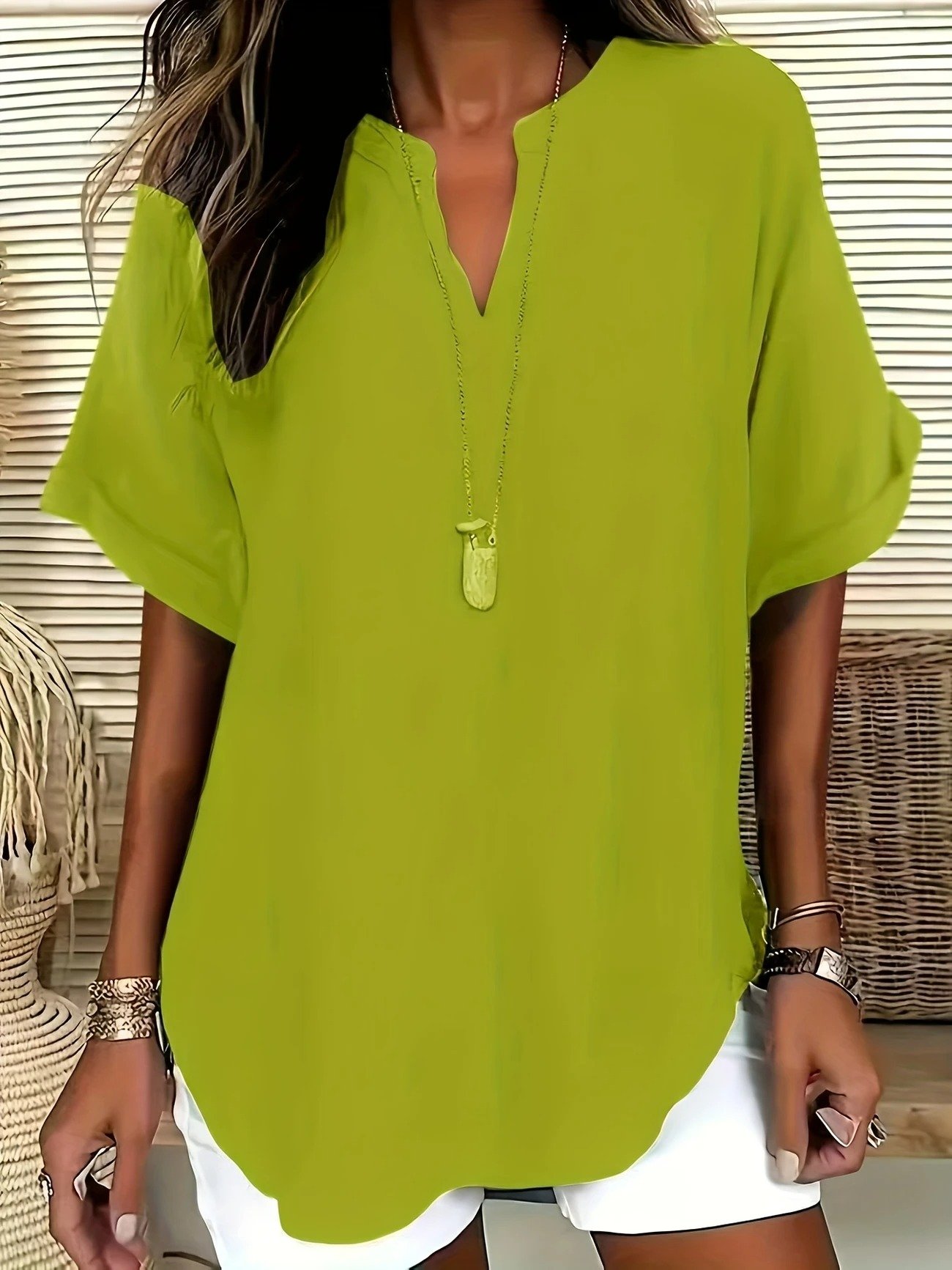 Blouses Femmes Élégant Plain Été Coton Aucune élasticité Demi Manche Col Châle Régulier Droit