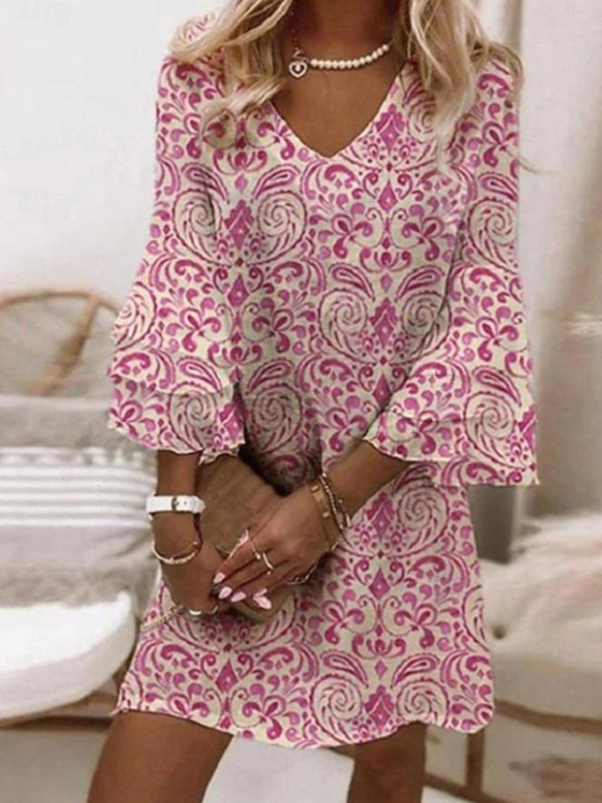 Femmes Floral Rouge Col V Confortable Robe Mi-Longue Boho