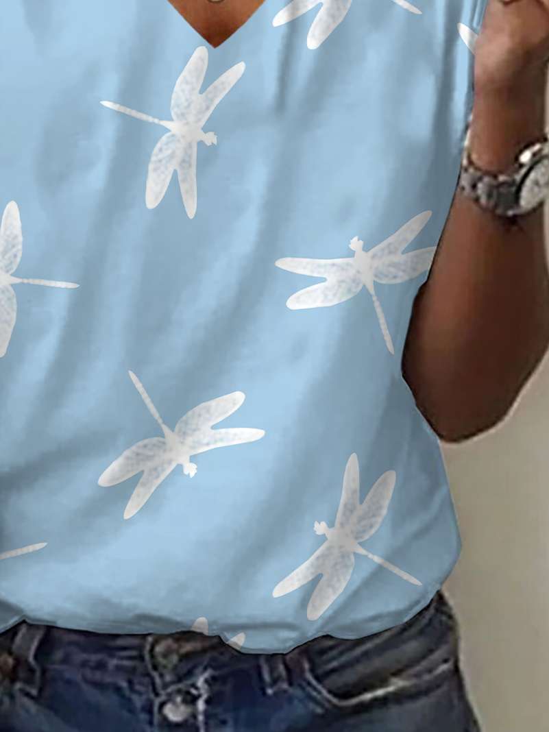 T-shirts Décontracté Été Libellule Col V Imprimé Quotidien Ample Régulier Régulier pour Femmes