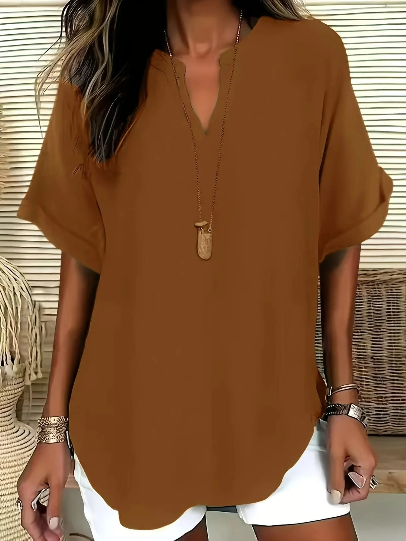 Blouses Femmes Élégant Plain Été Coton Aucune élasticité Demi Manche Col Châle Régulier Droit