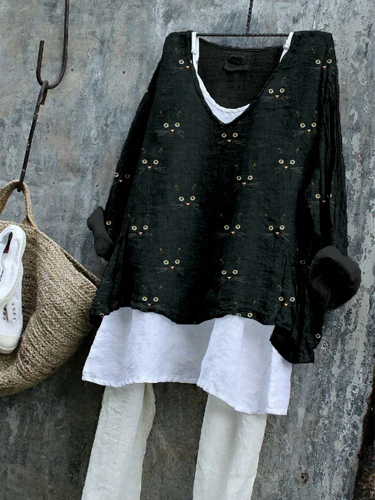 T-shirts en Lin Printemps / Automne Chat Polyester Quotidien Ample Régulier Trapèze Régulier pour Femmes