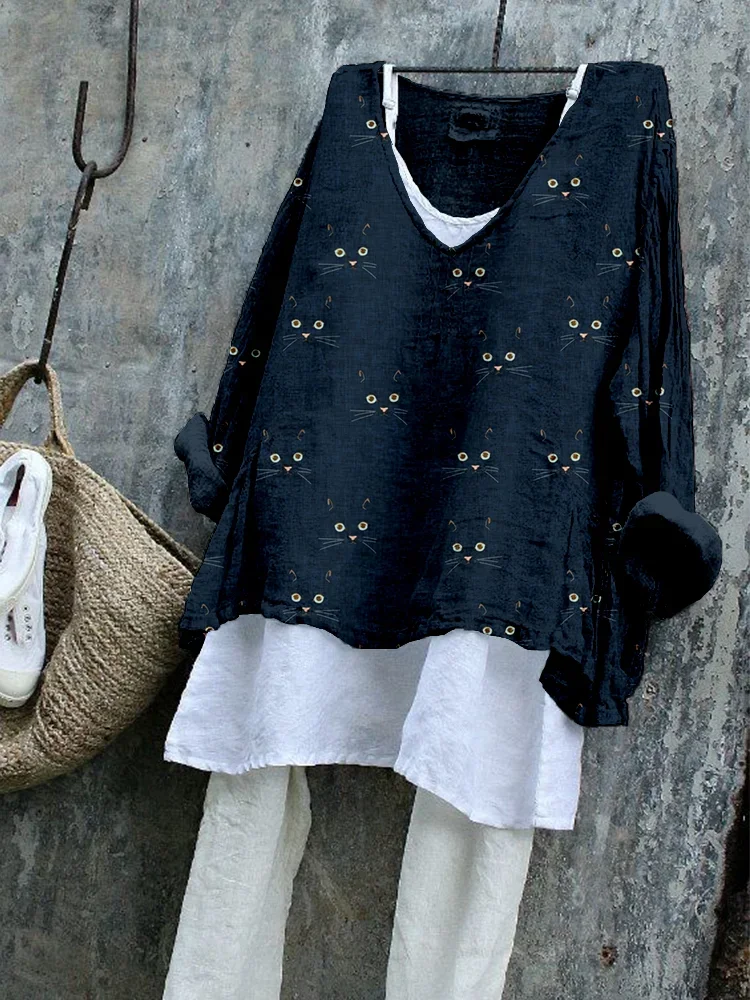 T-shirts en Lin Printemps / Automne Chat Polyester Quotidien Ample Régulier Trapèze Régulier pour Femmes