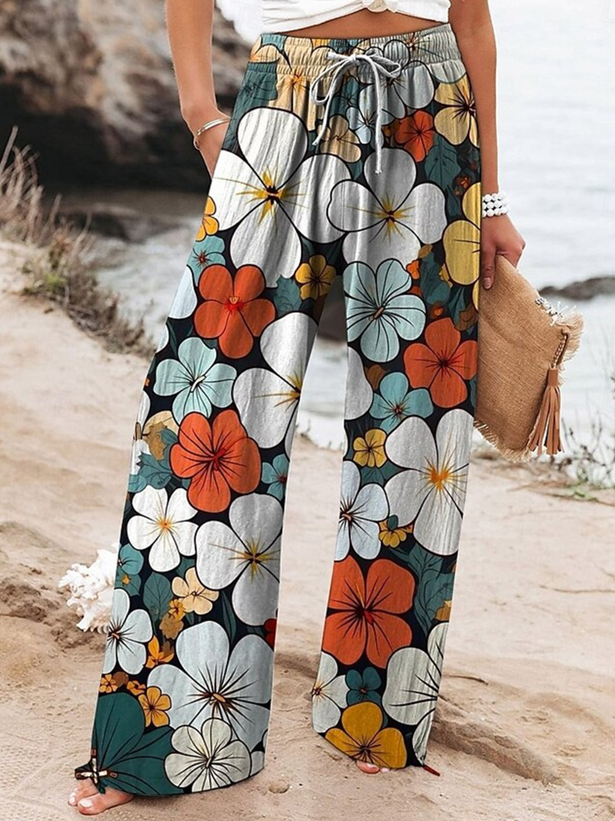 Pantalons Décontracté Floral Printemps / Automne Coton Micro-élasticité Quotidien Ample Long Régulier pour Femmes