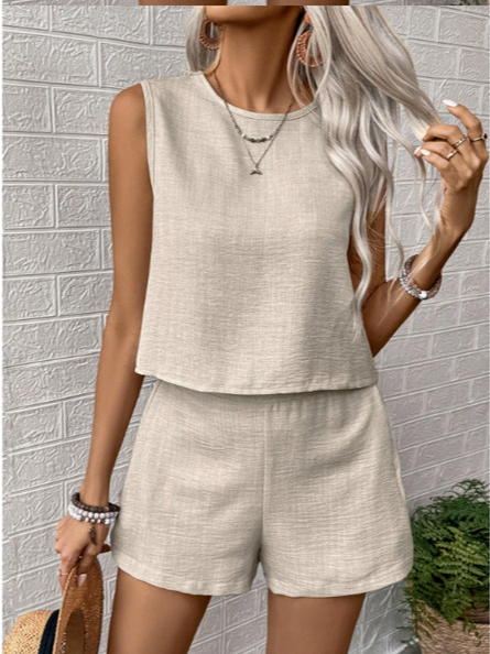 Deux Pièces Ensembles Femmes Simple Plain Été Micro-élasticité Quotidien Sans Manches Top Avec Pantalons Droit Régulier