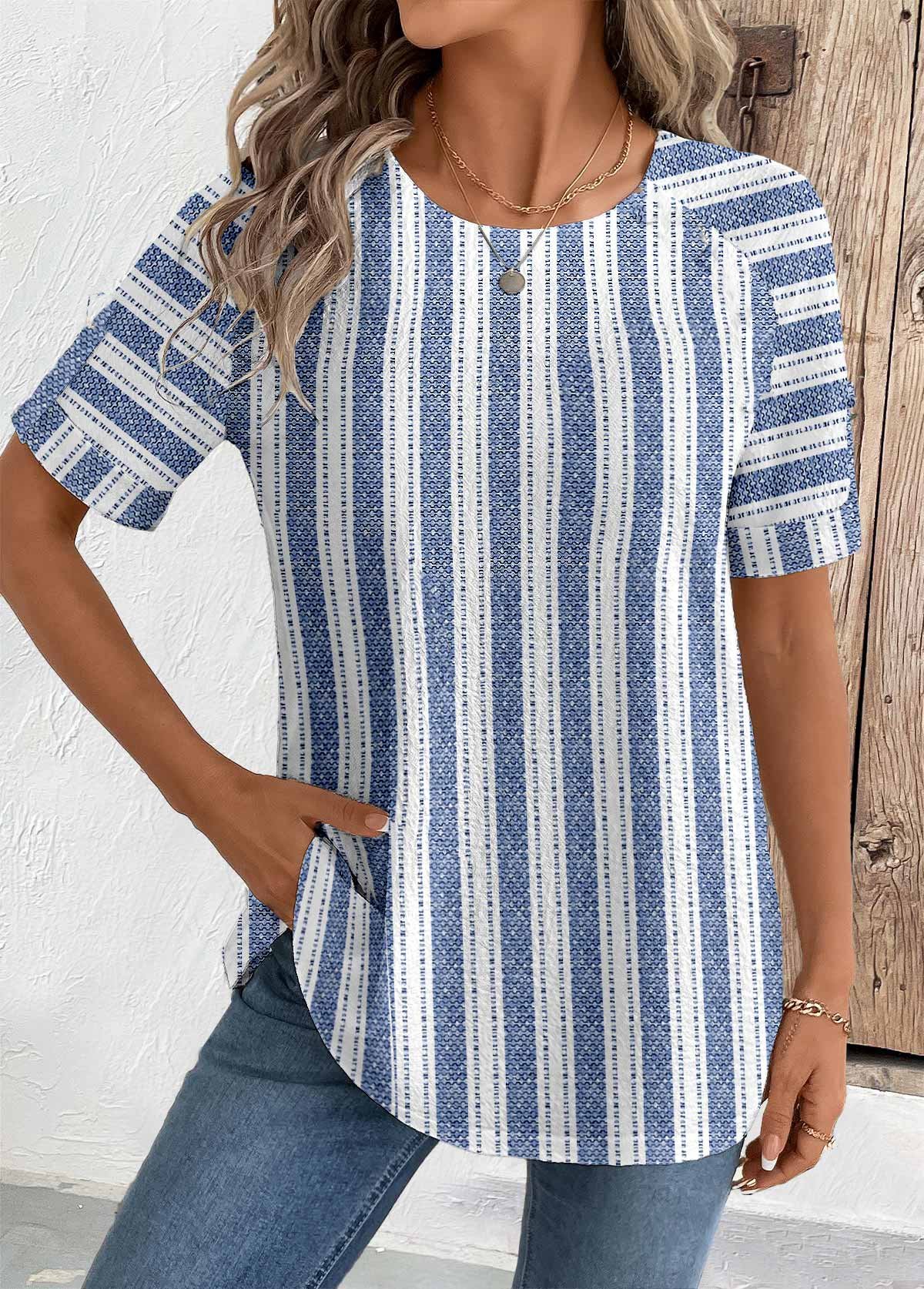 T-shirts Femmes Rayé Décontracté Été Micro-élasticité Vacances Col Rond Régulier Droit Régulier