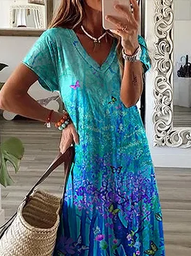 Femmes Floral Comme Image Col V Confortable Imprimé Robe Maxi Décontracté