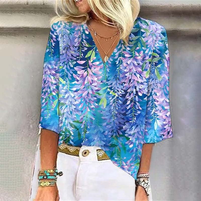 Blouses Boho Floral Été Polyester Aucune élasticité Vacances Demi Manche Régulier Régulier pour Femmes