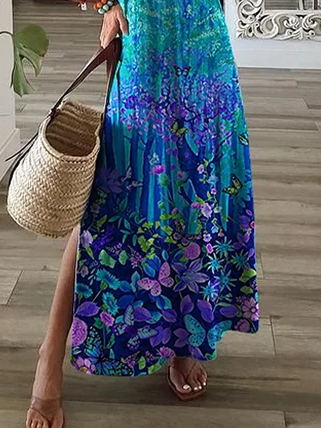 Femmes Floral Comme Image Col V Confortable Imprimé Robe Maxi Décontracté