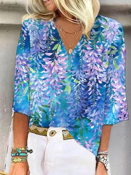 Blouses Boho Floral Été Polyester Aucune élasticité Vacances Demi Manche Régulier Régulier pour Femmes