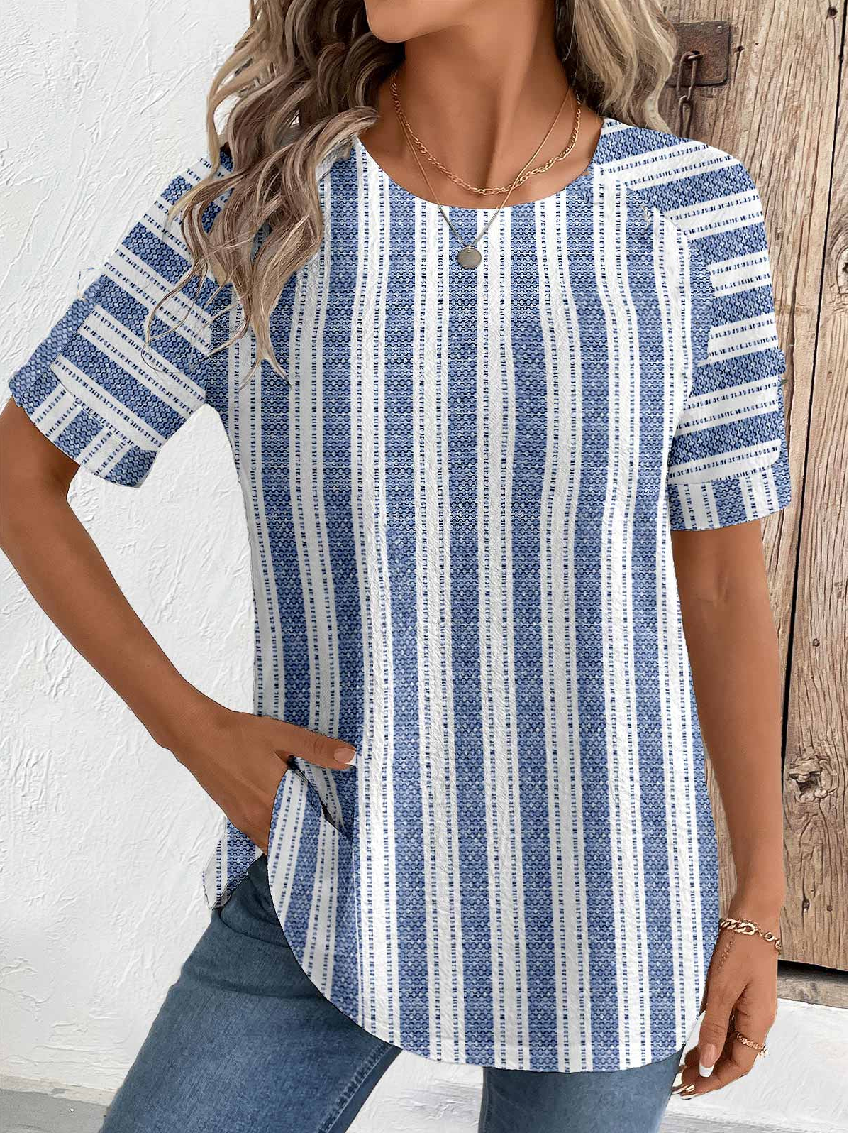 T-shirts Femmes Rayé Décontracté Été Micro-élasticité Vacances Col Rond Régulier Droit Régulier