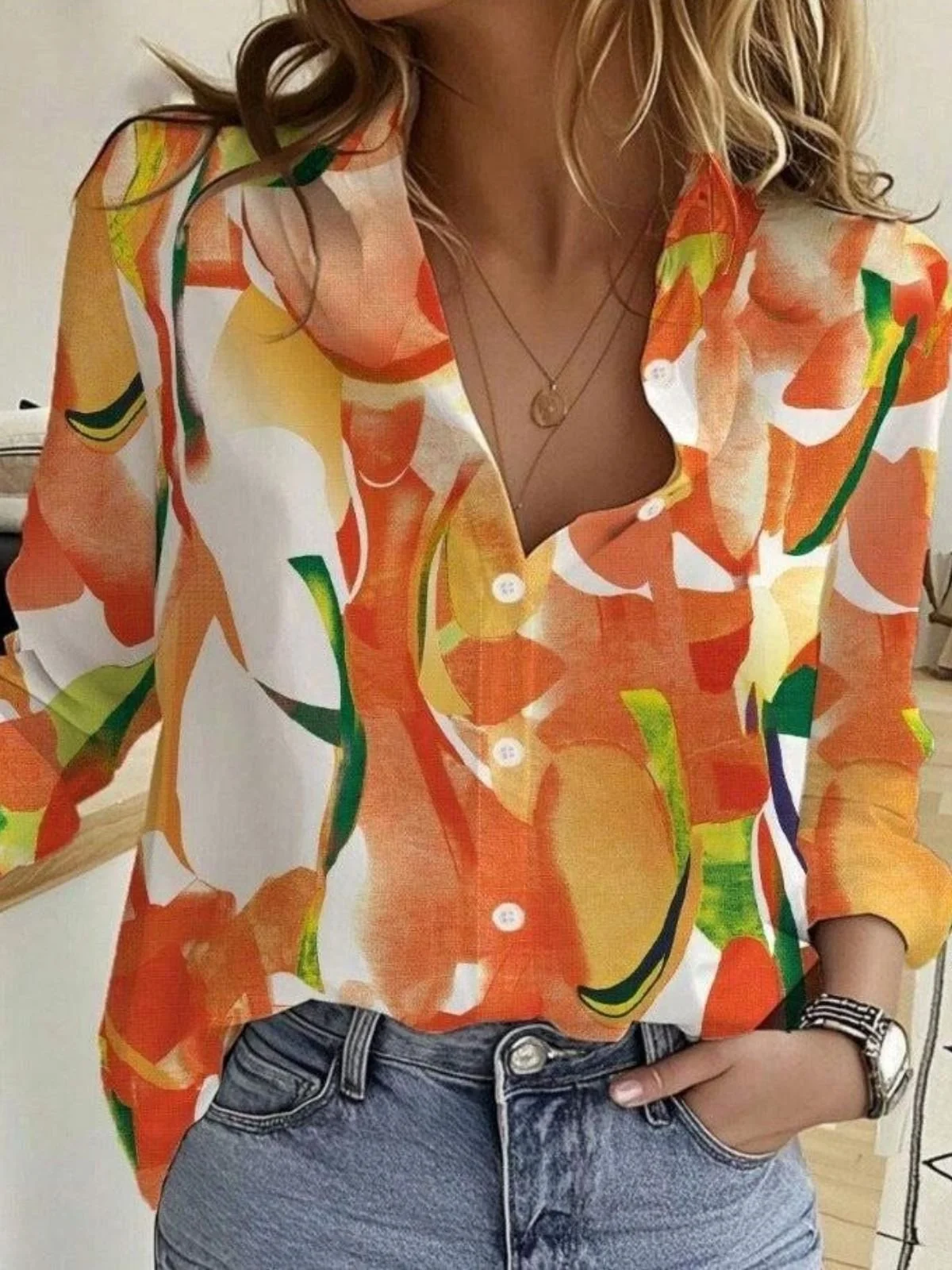 Chemises Décontracté Floral Printemps / Automne Polyester Micro-élasticité Coupe Régulière Trapèze Régulier Col de Chemise pour Femmes