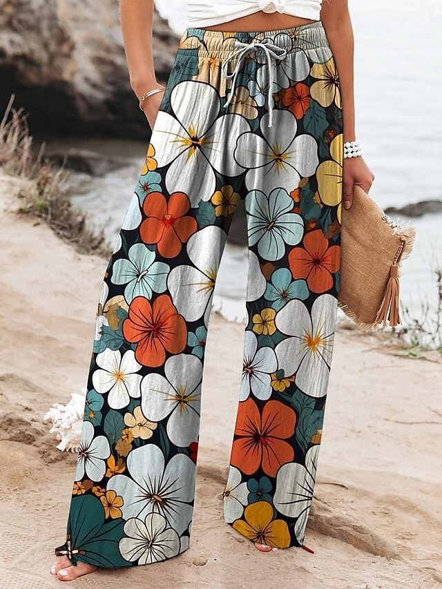 Pantalons Décontracté Floral Printemps / Automne Coton Micro-élasticité Quotidien Ample Long Régulier pour Femmes