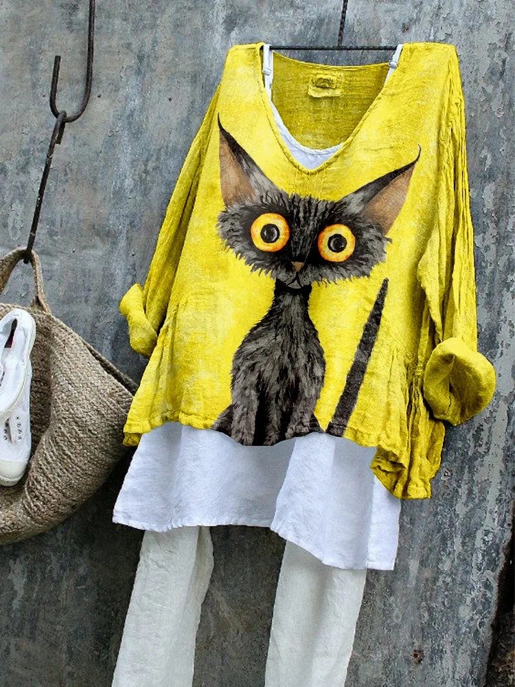 T-shirts Rétro Printemps / Automne Chat Coton Quotidien Ample Manches Longues Régulier Régulier pour Femmes