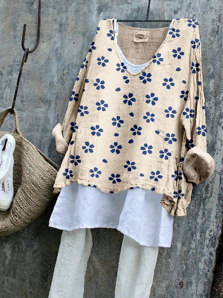 T-shirts Femmes Rétro Floral Printemps / Automne Polyester Col V Micro-élasticité Manches Longues Régulier Régulier