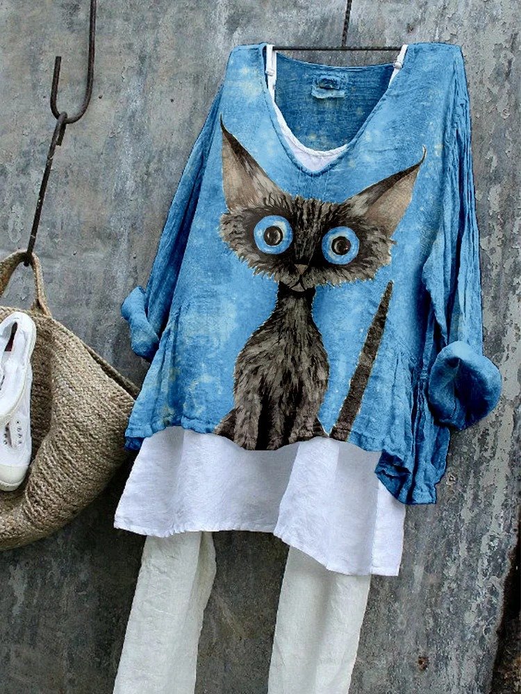 T-shirts Rétro Printemps / Automne Chat Coton Quotidien Ample Manches Longues Régulier Régulier pour Femmes