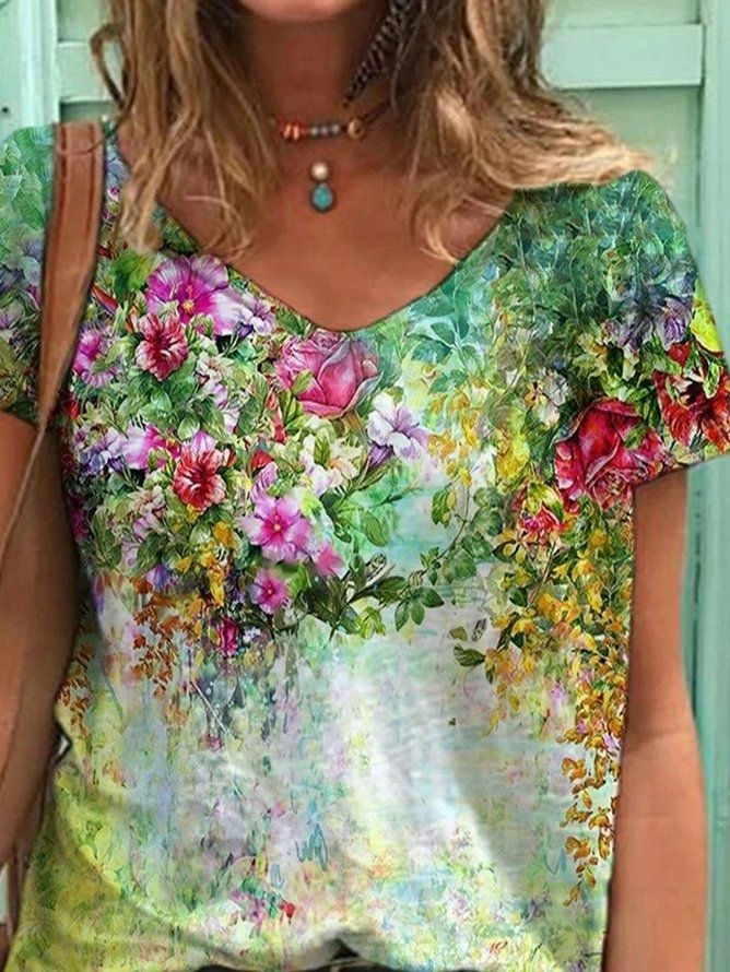 T-shirts Femmes Décontracté Floral Été Coton Col V Micro-élasticité Manches Courtes Régulier Trapèze