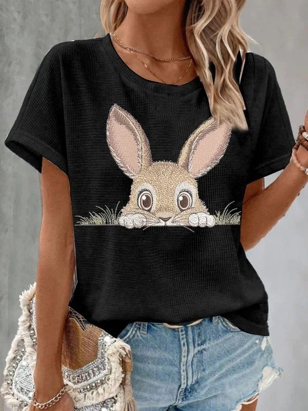 T-shirts Femmes Décontracté Été PÂQUES (lapin) Coton Quotidien Col Rond Régulier Trapèze Régulier