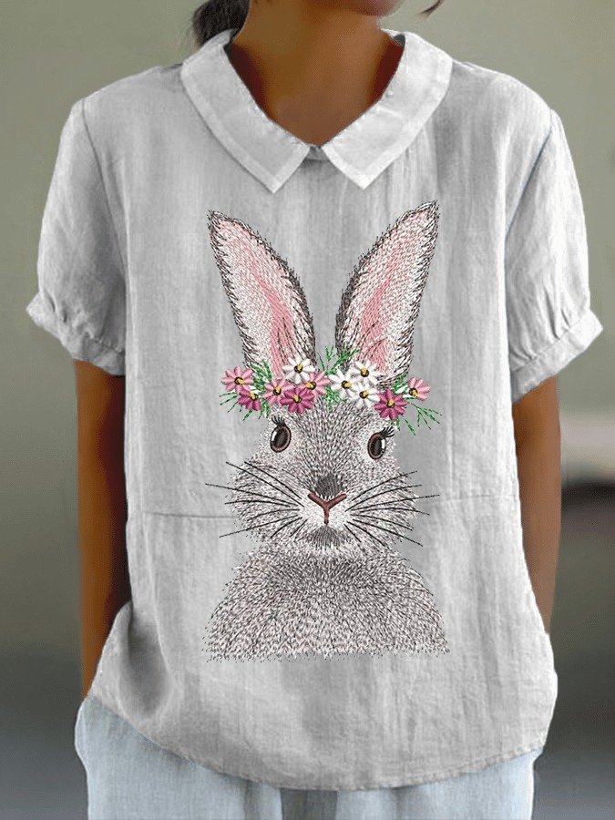 Blouses Femmes Élégant Été PÂQUES (lapin) Polyester Aucune élasticité Ample Demi Manche Col Châle Droit