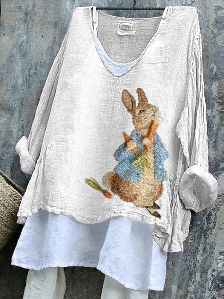 T-shirts en Lin Printemps / Automne PÂQUES (lapin) Polyester Micro-élasticité Quotidien Manches Longues Régulier Trapèze pour Femmes