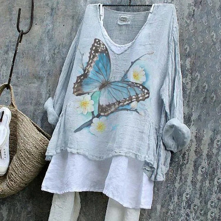 T-shirts Femmes Décontracté Printemps / Automne Papillon Micro-élasticité Quotidien Ample Manches Longues Régulier Trapèze