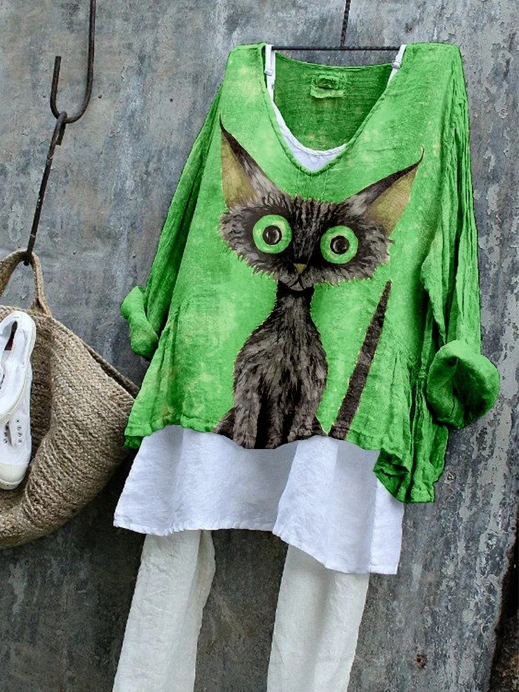 T-shirts Rétro Printemps / Automne Chat Coton Quotidien Ample Manches Longues Régulier Régulier pour Femmes