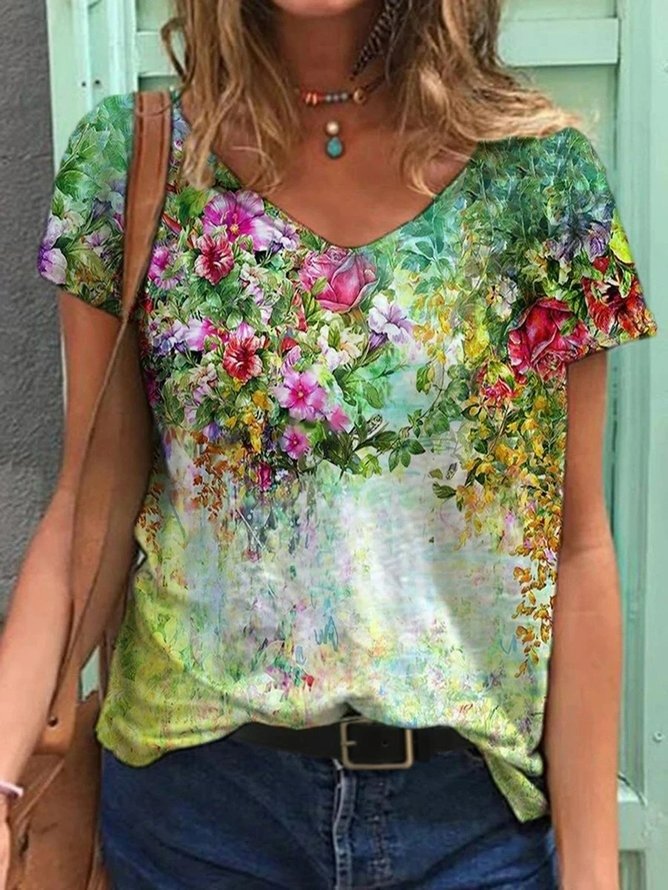T-shirts Femmes Décontracté Floral Été Coton Col V Micro-élasticité Manches Courtes Régulier Trapèze