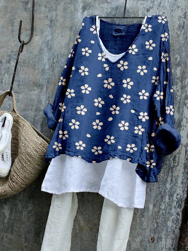 T-shirts Femmes Rétro Floral Printemps / Automne Polyester Col V Micro-élasticité Manches Longues Régulier Régulier