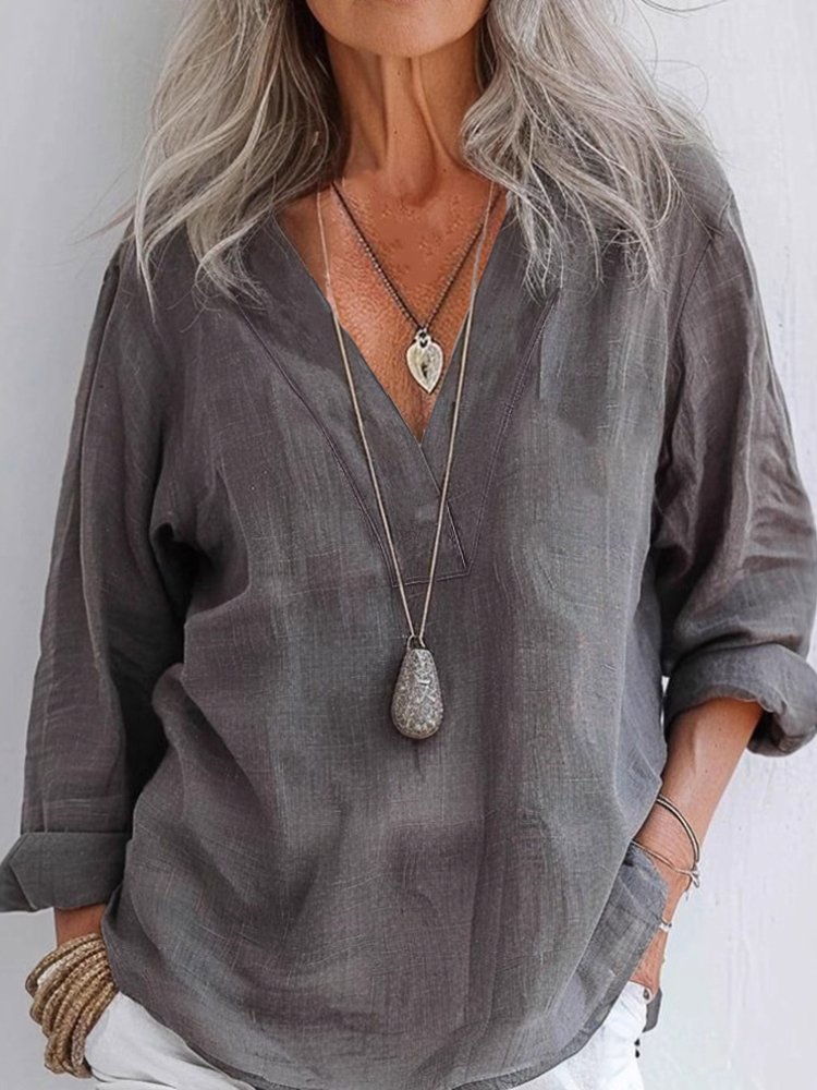 Chemises Décontracté Plain Printemps / Automne en Lin Col V Quotidien Coupe Régulière Manches Longues Régulier pour Femmes