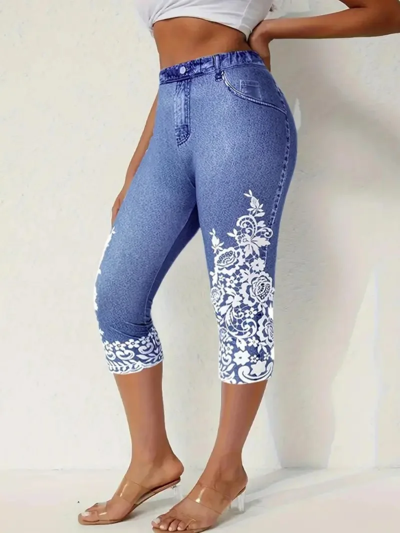 Pantalons Femmes Décontracté Été impression en 3D Naturel Taille Élastique Corsaire Legging Droit T.-N.-L.